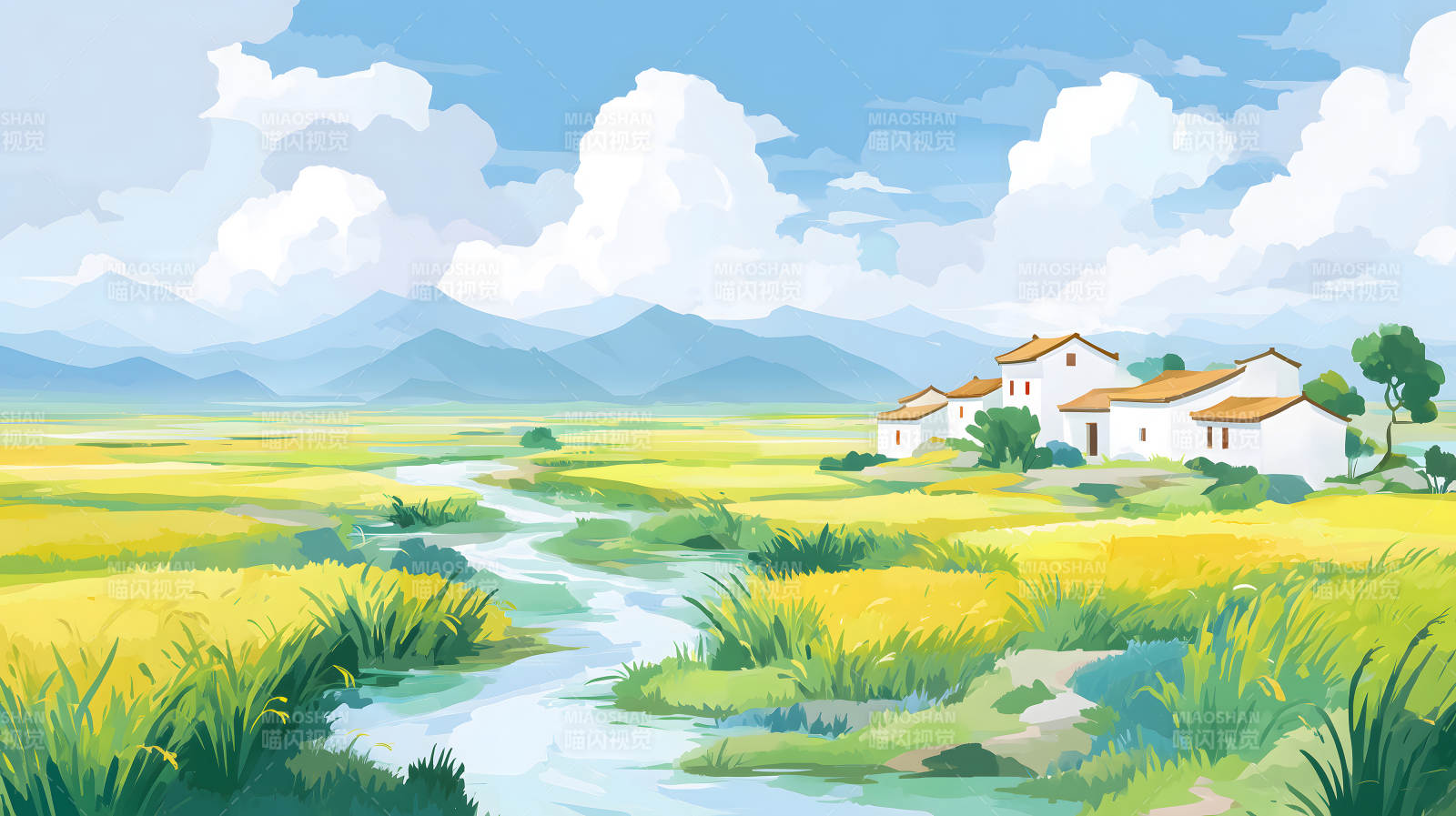田園風光景色優美白云藍天山水人家-圖片