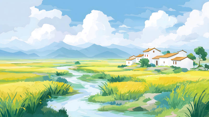 田園風光景色優美白云藍天山水人家-圖片