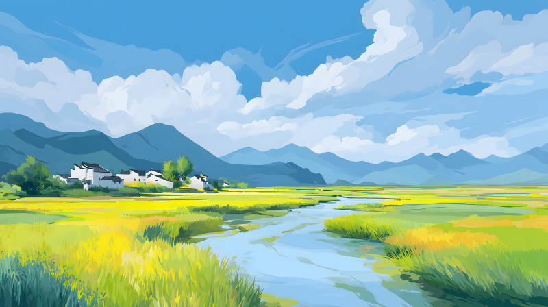 田園風光山水畫優美環境-圖片