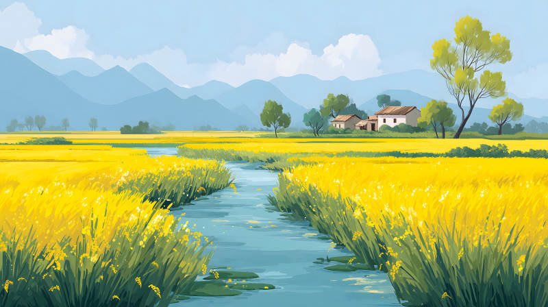金黃田野河流人家風景畫-圖片