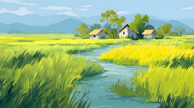 田園風光小屋溪流金色麥田-圖片