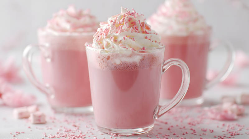 粉色飲品特寫搭配奶油和糖粒-圖片