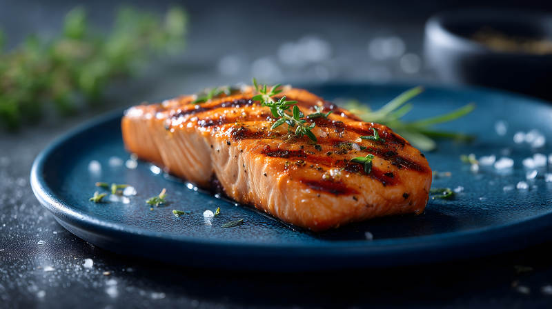 烤鮭魚配香草盤-圖片