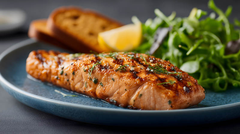 烤鮭魚配蔬菜檸檬和面包-圖片