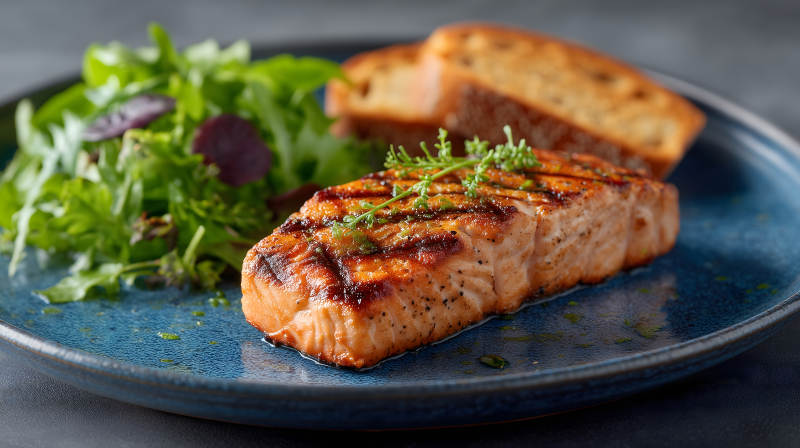 烤三文魚配沙拉和面包-圖片