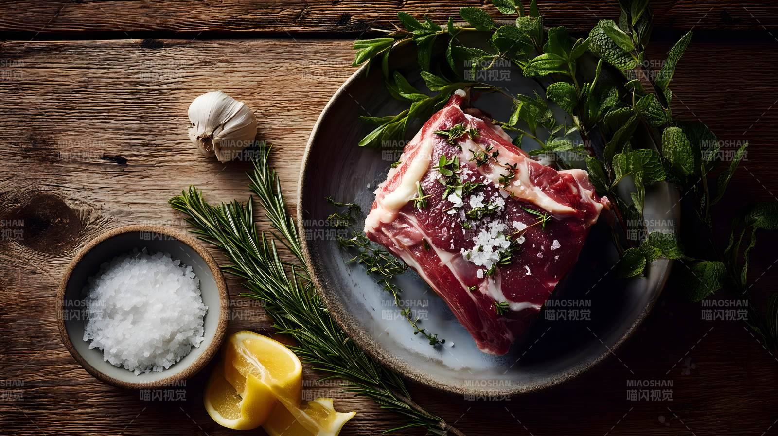 生肉與香料的精美擺盤圖片