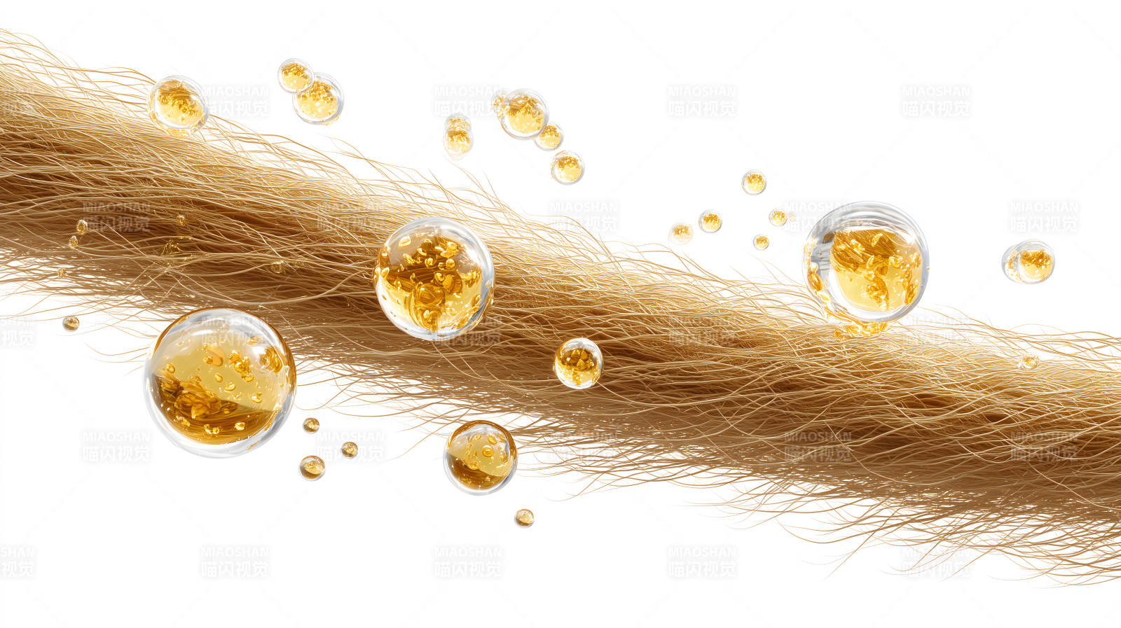 金色發(fā)絲與護(hù)發(fā)精華液滴落的藝術(shù)圖-圖片