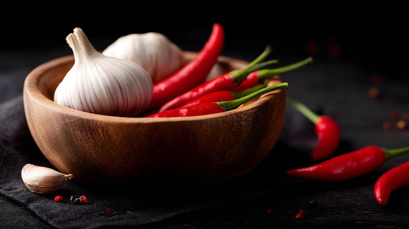 碗里大蒜辣椒黑暗背景質感-圖片