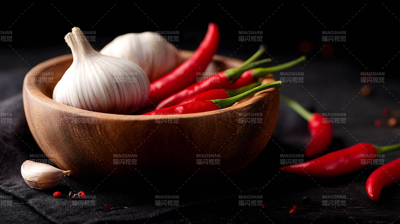 碗里大蒜辣椒黑暗背景質感-圖片