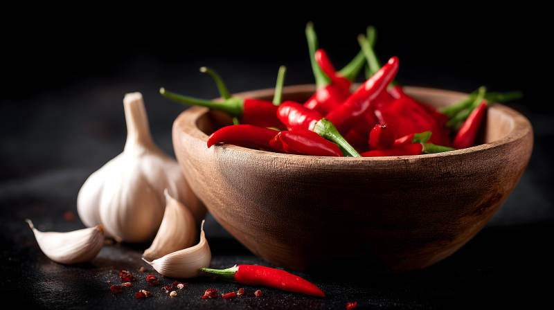 紅辣椒和大蒜在木碗里-圖片