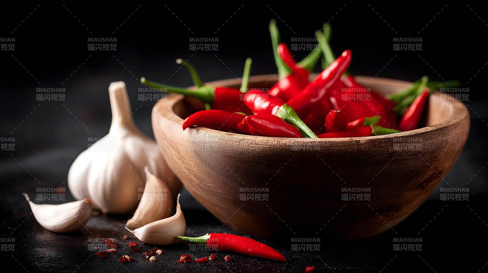 紅辣椒和大蒜在木碗里-圖片