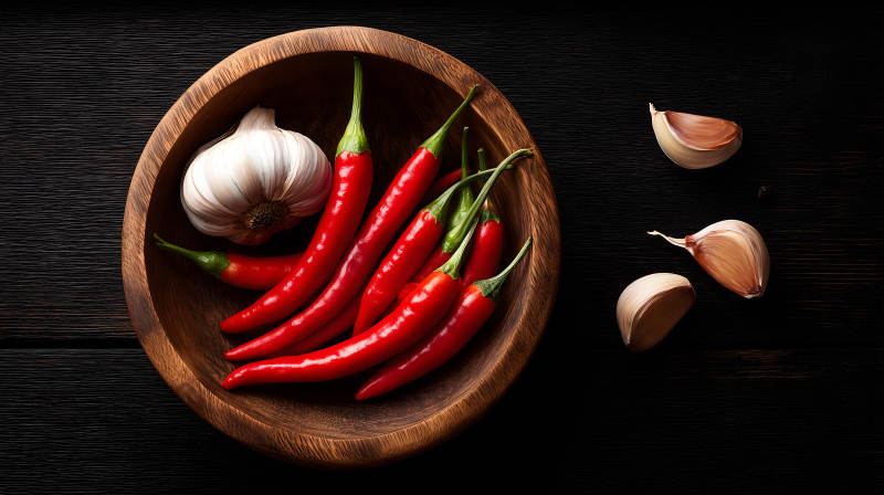辣椒大蒜木碗黑色背景-圖片