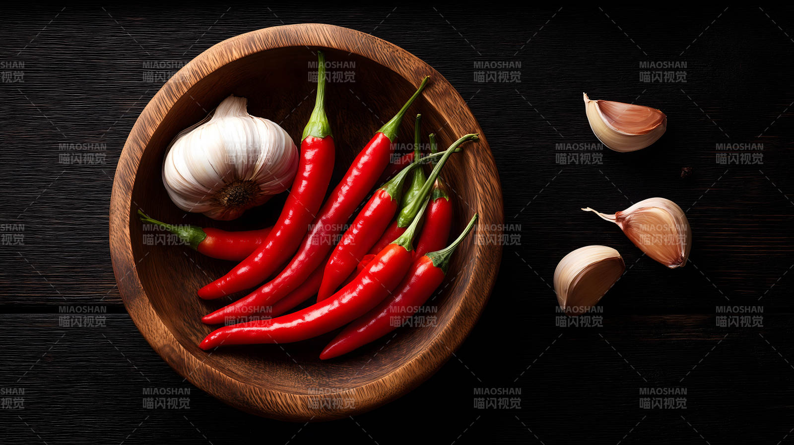 辣椒大蒜木碗黑色背景-圖片