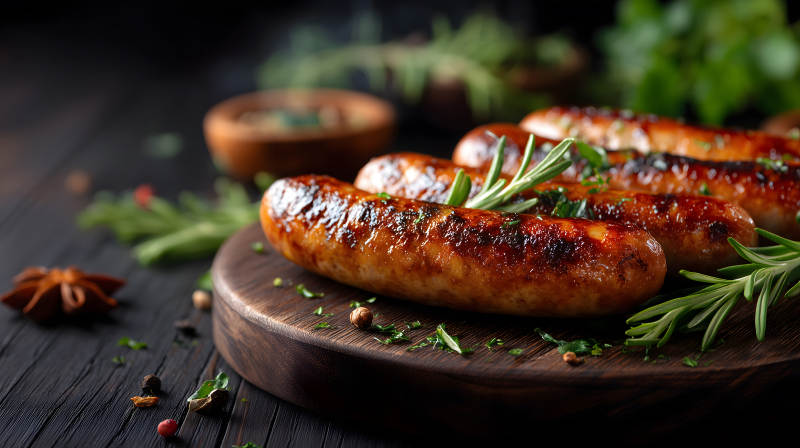 烤香腸配香料和木板-圖片