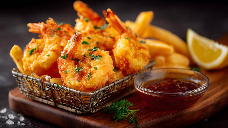 炸蝦套餐配薯條與蘸醬-圖片