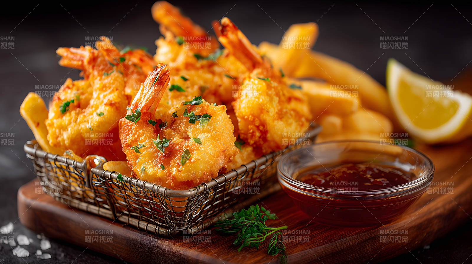 炸虾套餐配薯条与蘸酱-图片