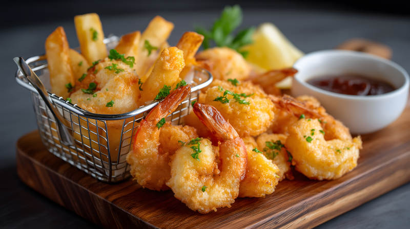 炸蝦薯條配醬汁美食特寫-圖片