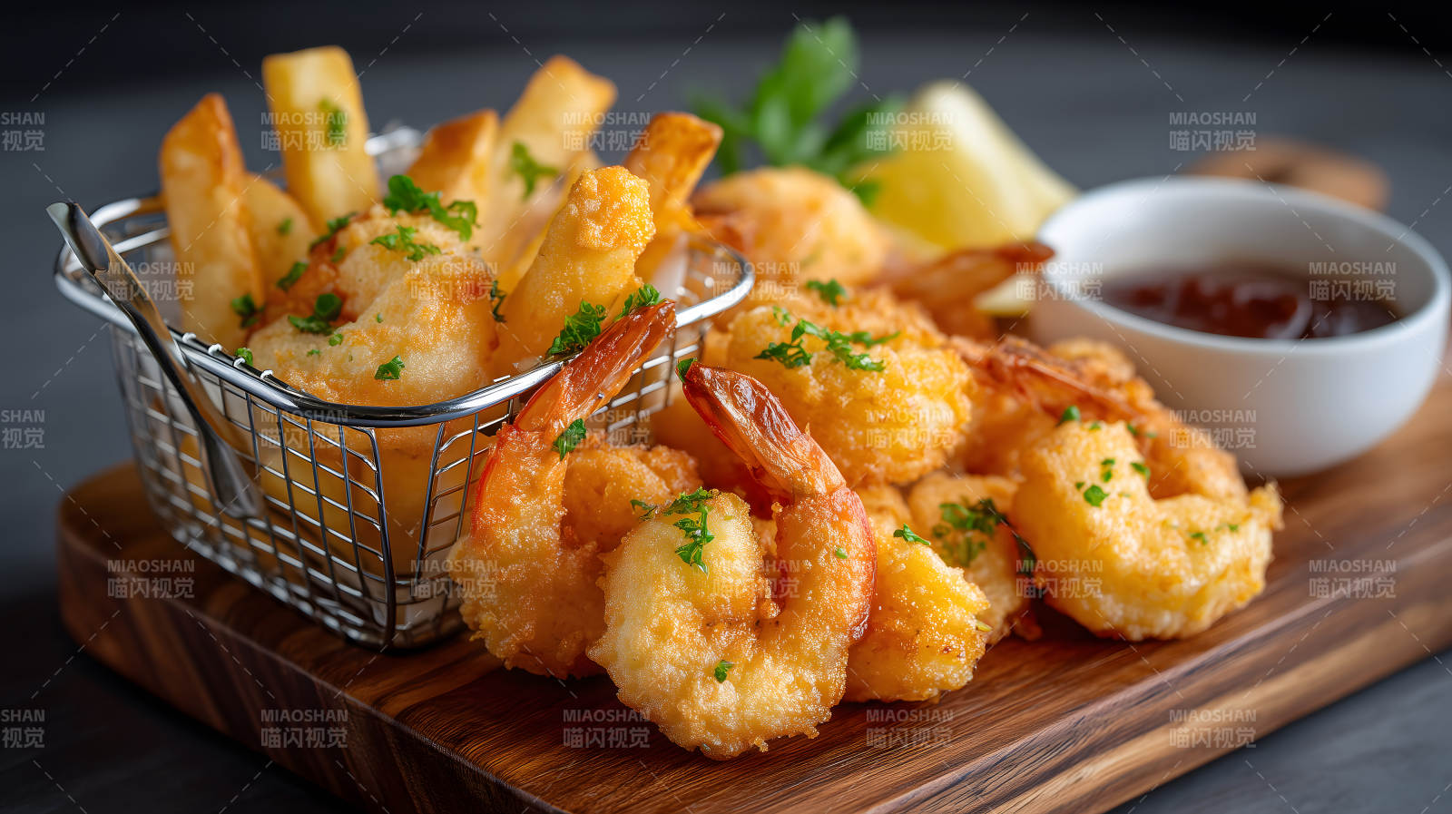 炸蝦薯條配醬汁美食特寫-圖片