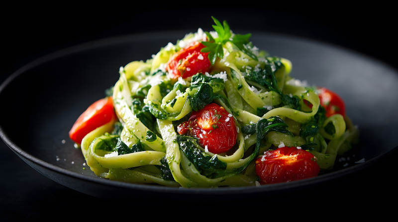 意面配番茄和菠菜美味誘人-圖片