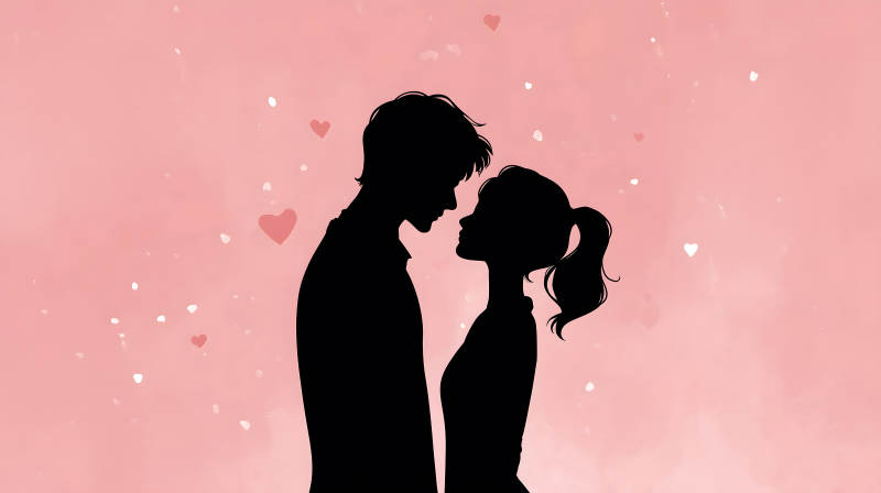 情侶剪影相擁粉色背景愛心點綴-圖片