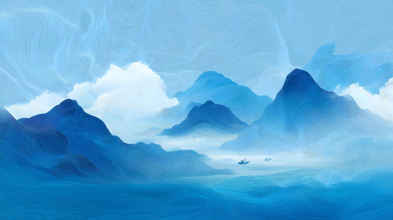 藍色山水畫意境優美-圖片