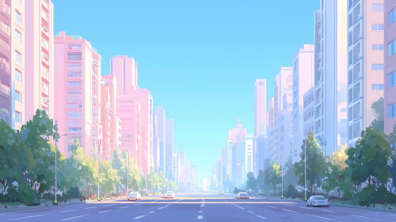 城市街道風景畫陽光灑落建筑林立-圖片