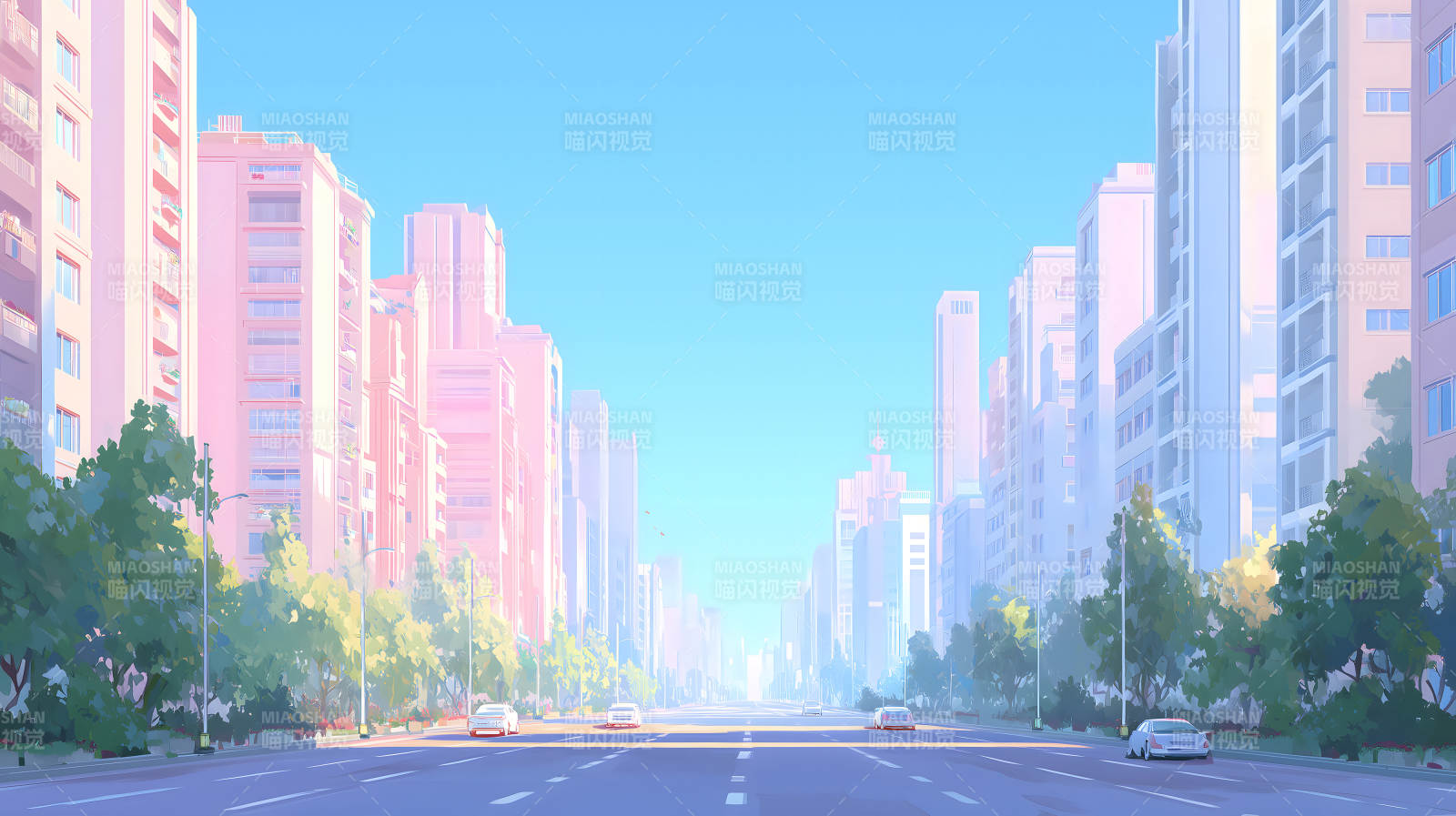 城市街道風景畫陽光灑落建筑林立-圖片