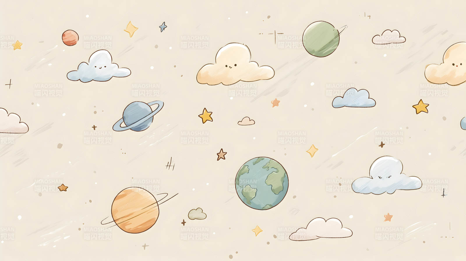 卡通宇宙图案包含星星云朵和行星-图片