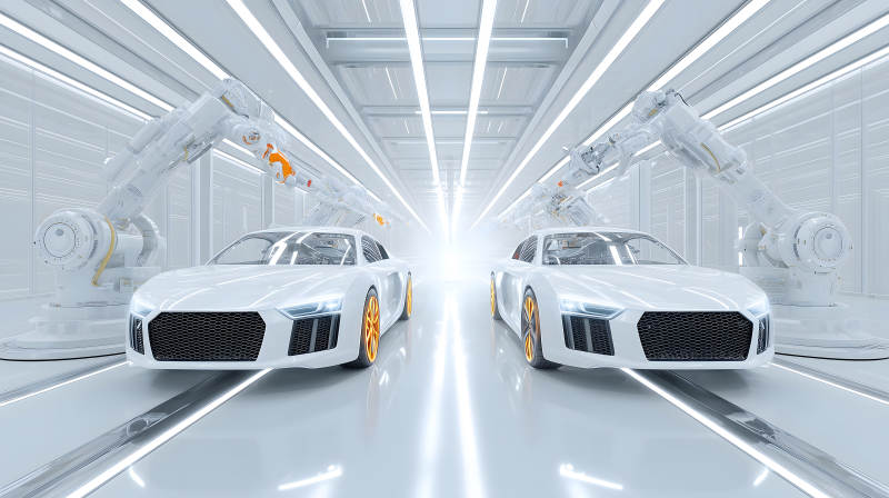 未來工廠中的白色跑車與機(jī)械臂-圖片