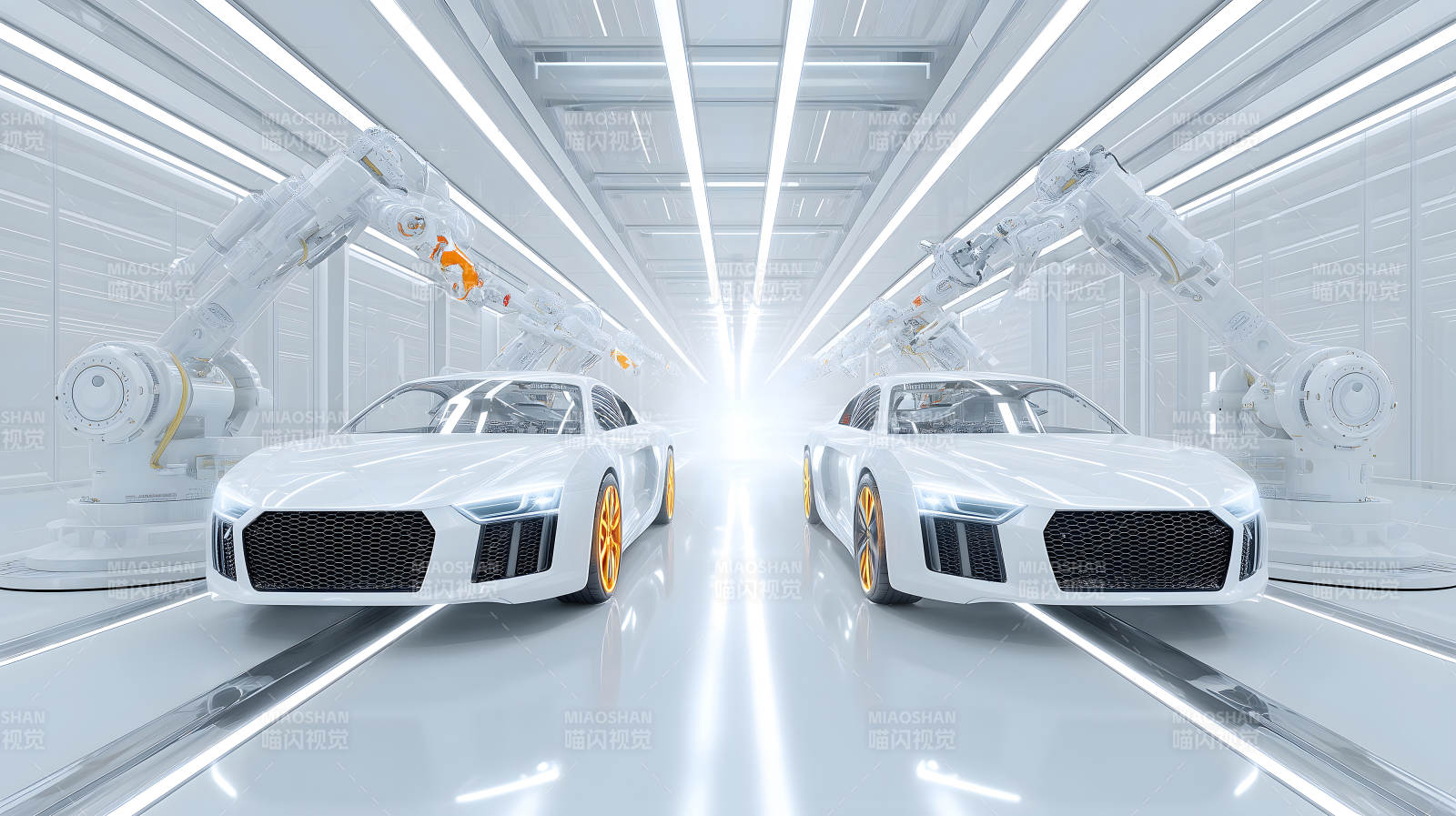 未来工厂中的白色跑车与机械臂-图片
