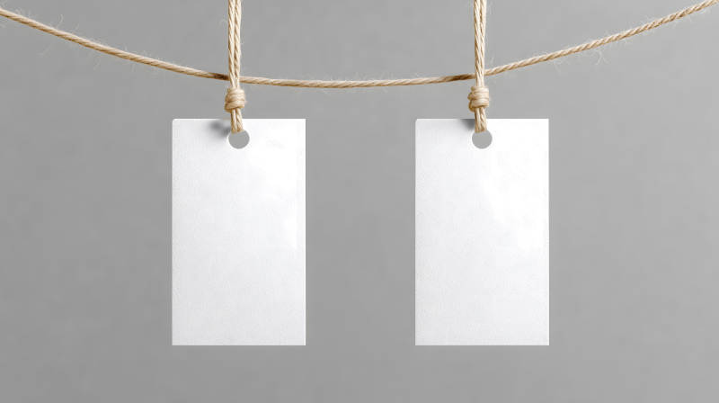 繩子掛著兩張白色標簽-圖片