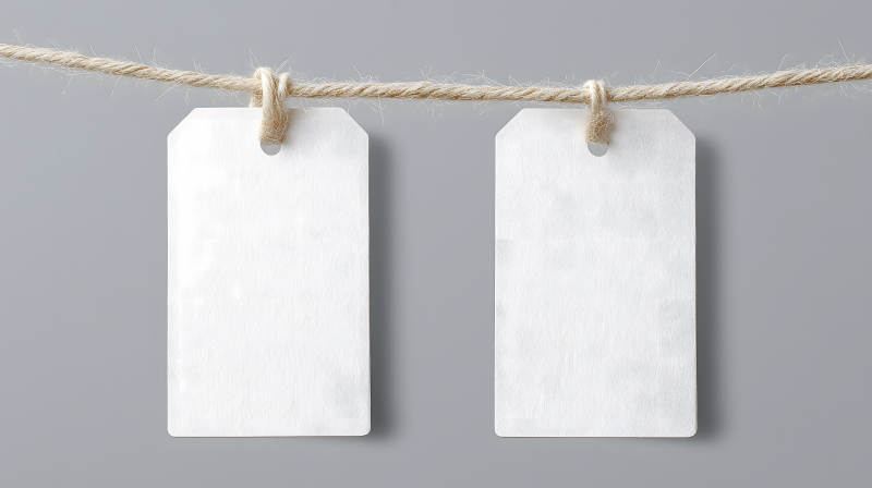 兩張白色標簽掛在繩子上背景為灰色-圖片