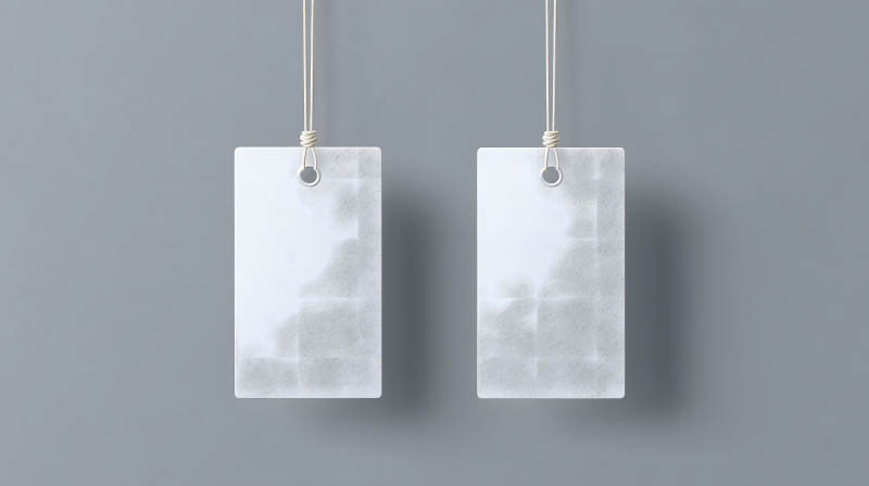 兩張白色標(biāo)簽懸掛在灰色背景上-圖片