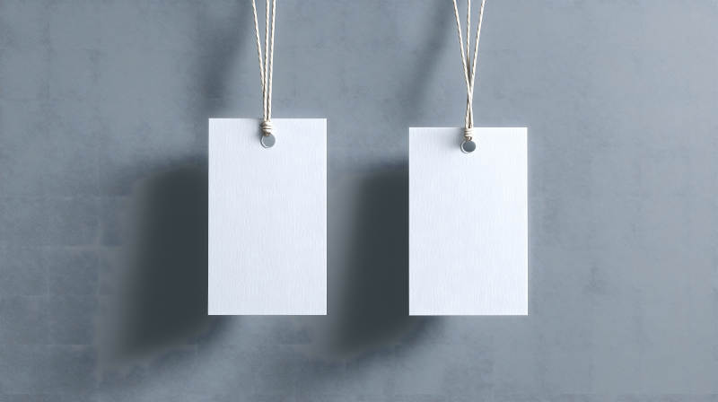 白紙標(biāo)簽懸掛灰色背景墻上-圖片