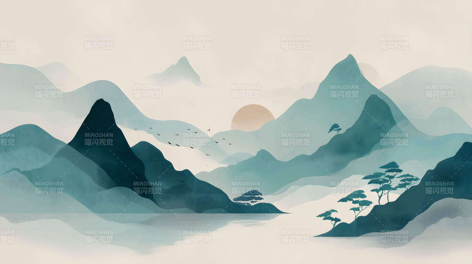 水墨山水風景畫遠山近水意境悠遠-圖片