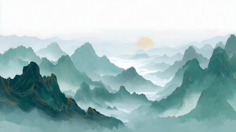 山水畫(huà)卷景色壯麗云霧繚繞-圖片