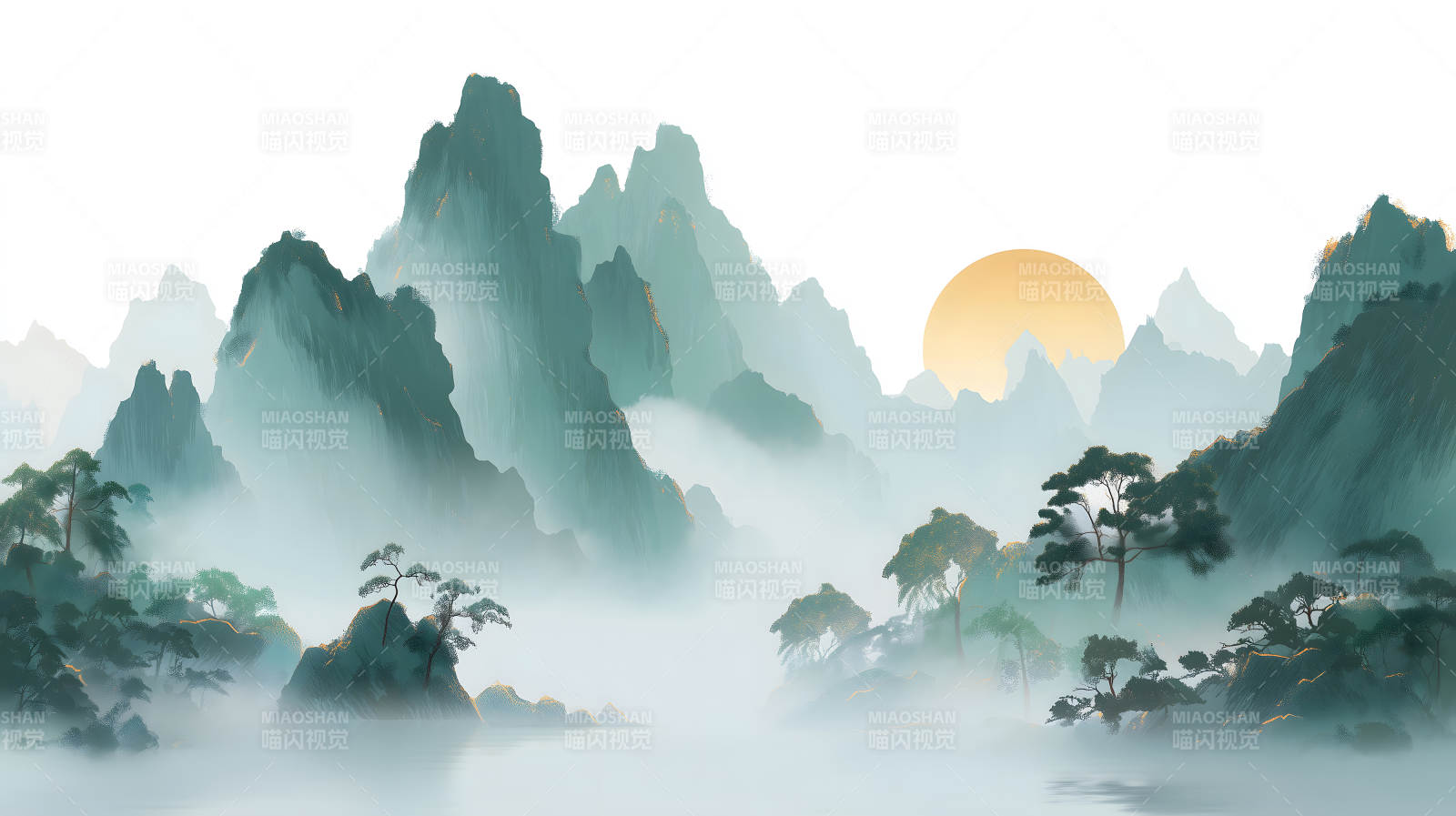 山水畫意境朦朧山色唯美景象-圖片