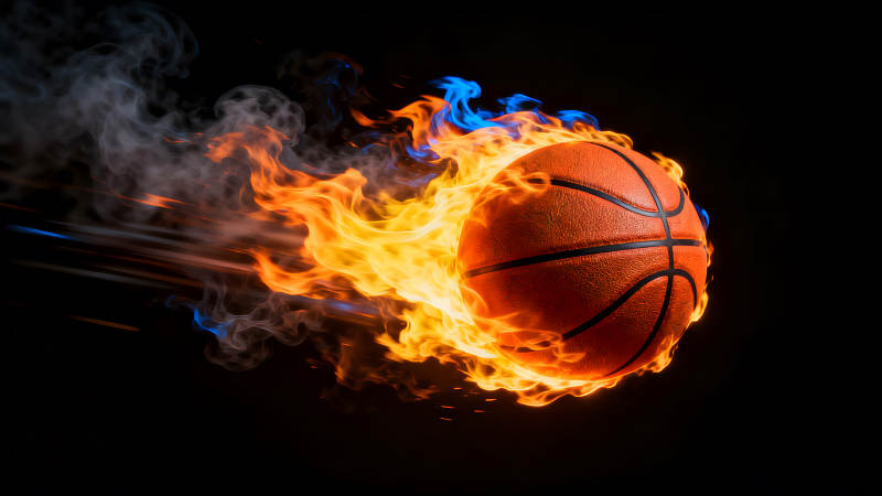 燃燒的籃球在黑暗中飛速前進-圖片