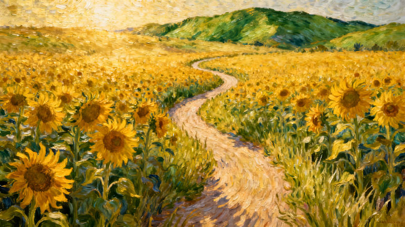 向日葵田間的道路充滿陽光的風(fēng)景畫-圖片