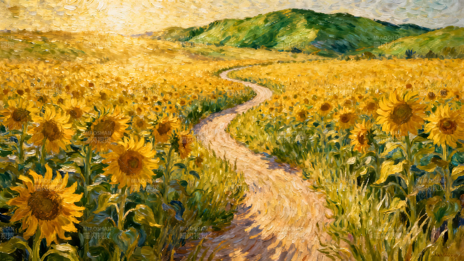 向日葵田間的道路充滿陽光的風景畫-圖片