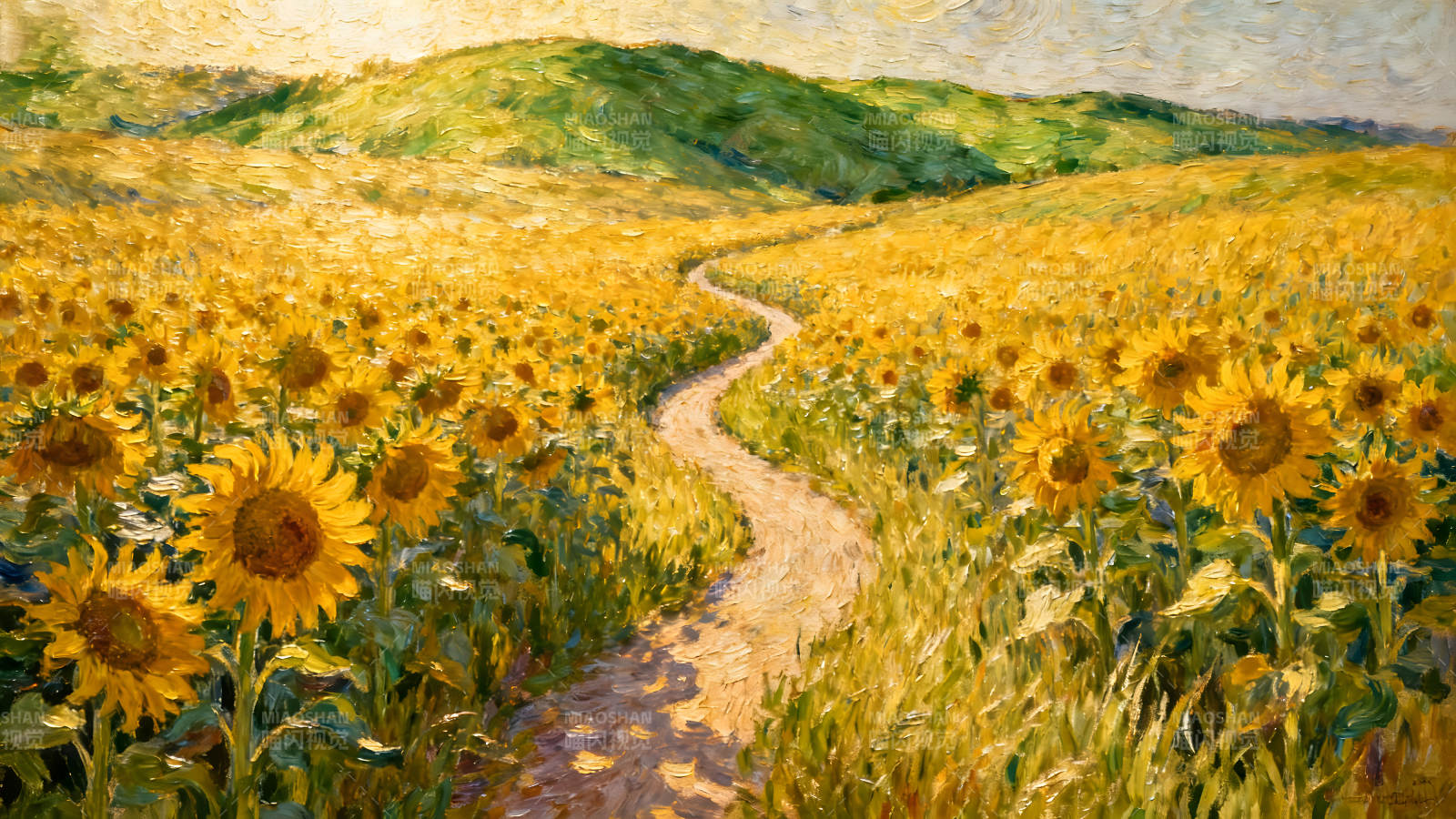 向日葵田野小徑延伸至山丘-圖片