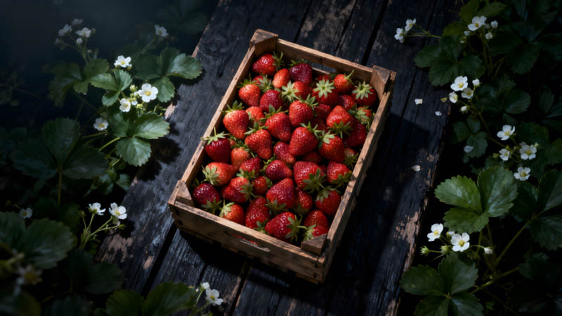 木箱里裝滿了新鮮的草莓旁邊有草莓花和葉子-圖片