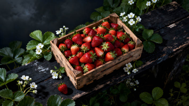 木箱草莓與花草的靜物-圖片