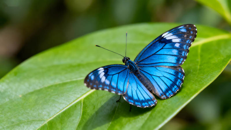 藍蝴蝶停在綠葉上姿態(tài)優(yōu)美-圖片