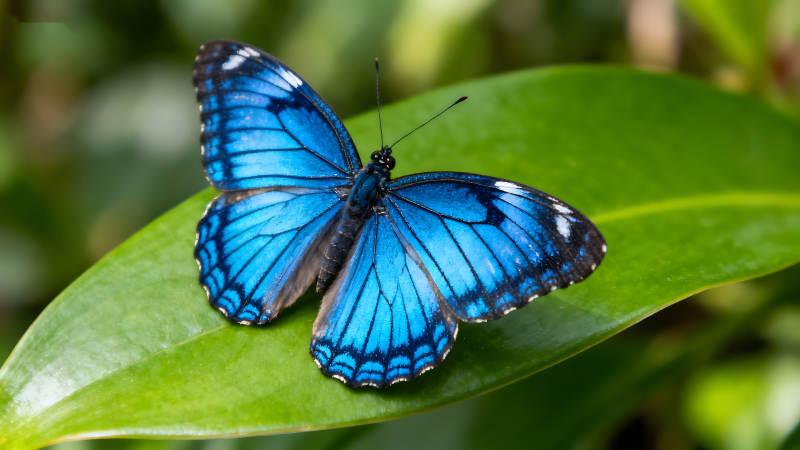 藍色蝴蝶停在綠葉上-圖片