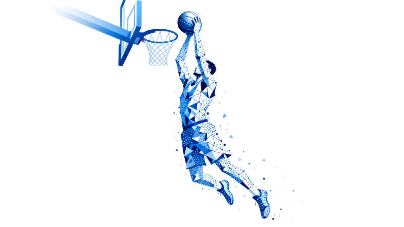 籃球運動員起跳投籃的抽象畫作-圖片