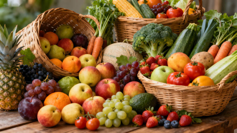 豐收的果蔬盛宴籃筐擺滿各色食物-圖片