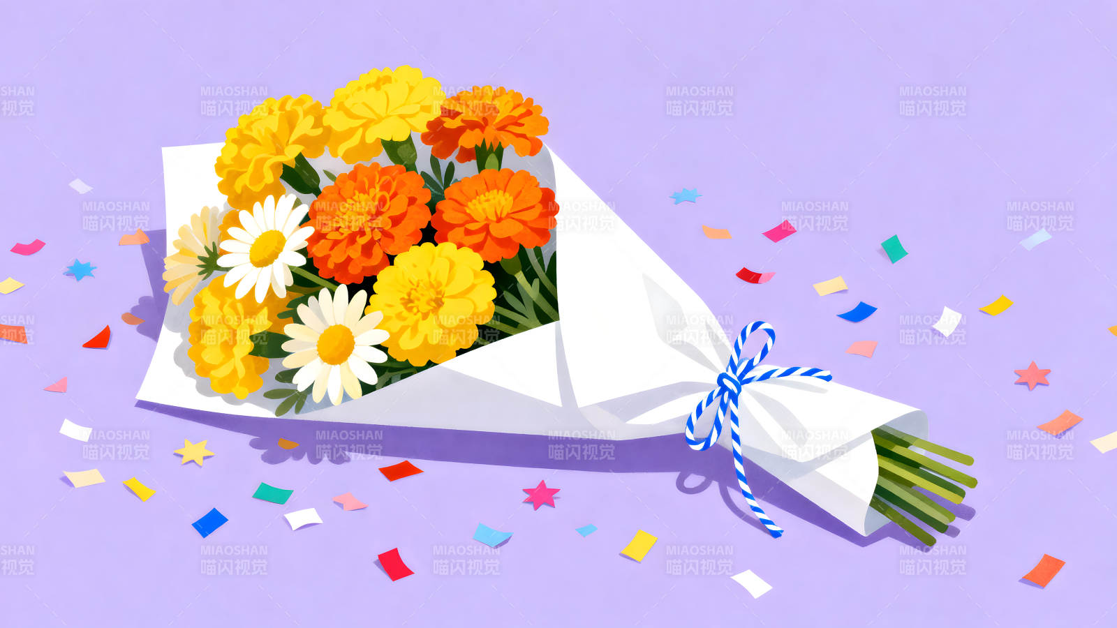 手绘花束与彩色纸片散落-图片
