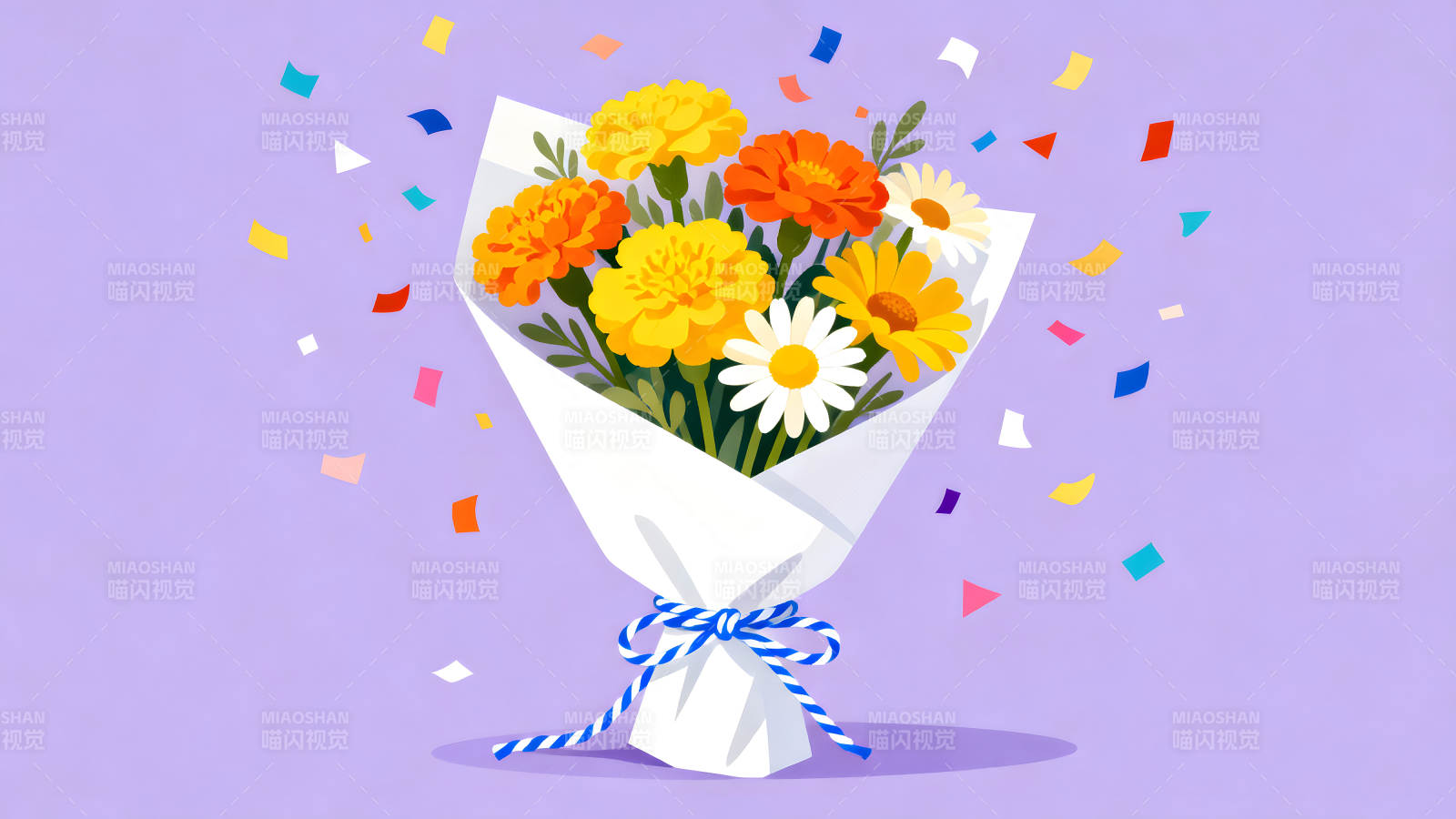 鮮花慶祝場景配有彩色紙屑-圖片