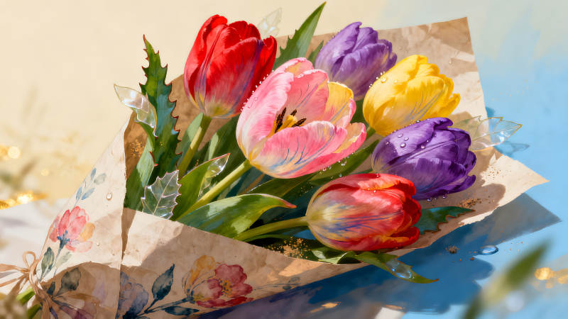 色彩繽紛的郁金香花束-圖片